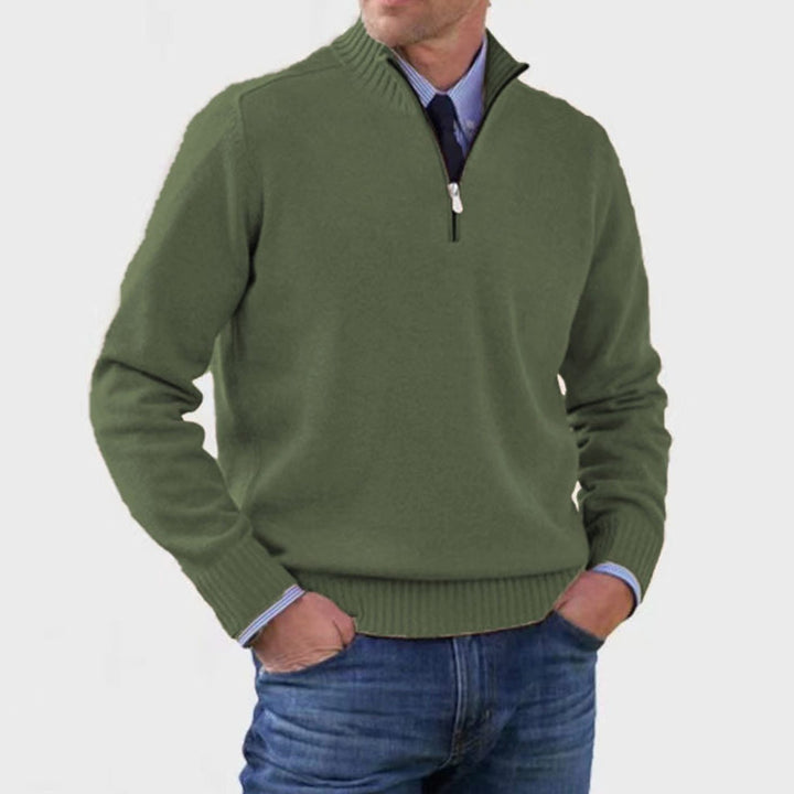 Men's Quarter-Zip Knitted Sweater Ribbed-Cuff Pullover Jumper - Dark Green