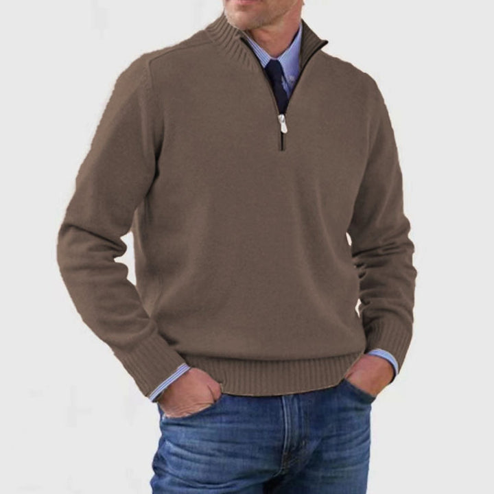 Men's Quarter-Zip Knitted Sweater Ribbed-Cuff Pullover Jumper - Brown