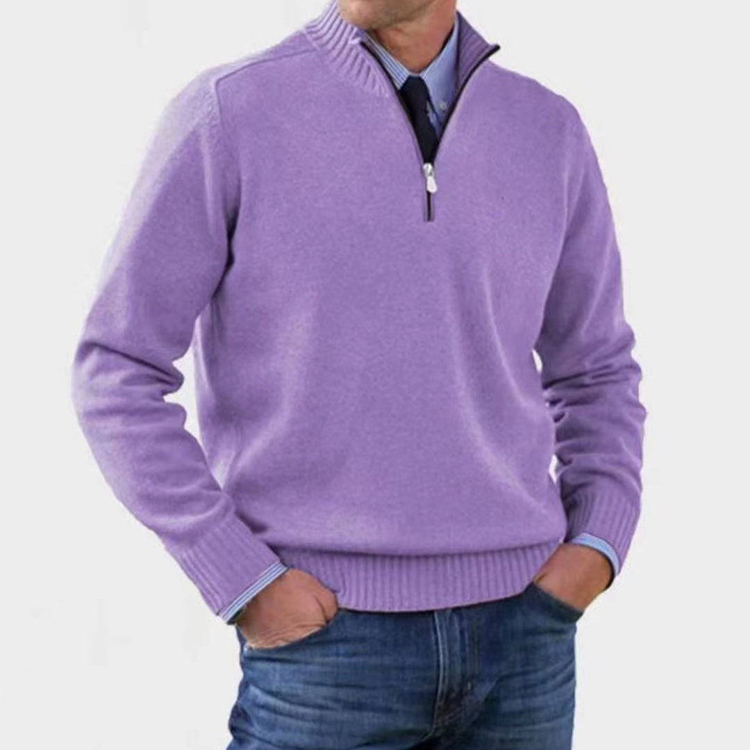 Men's Quarter-Zip Knitted Sweater Ribbed-Cuff Pullover Jumper - Purple