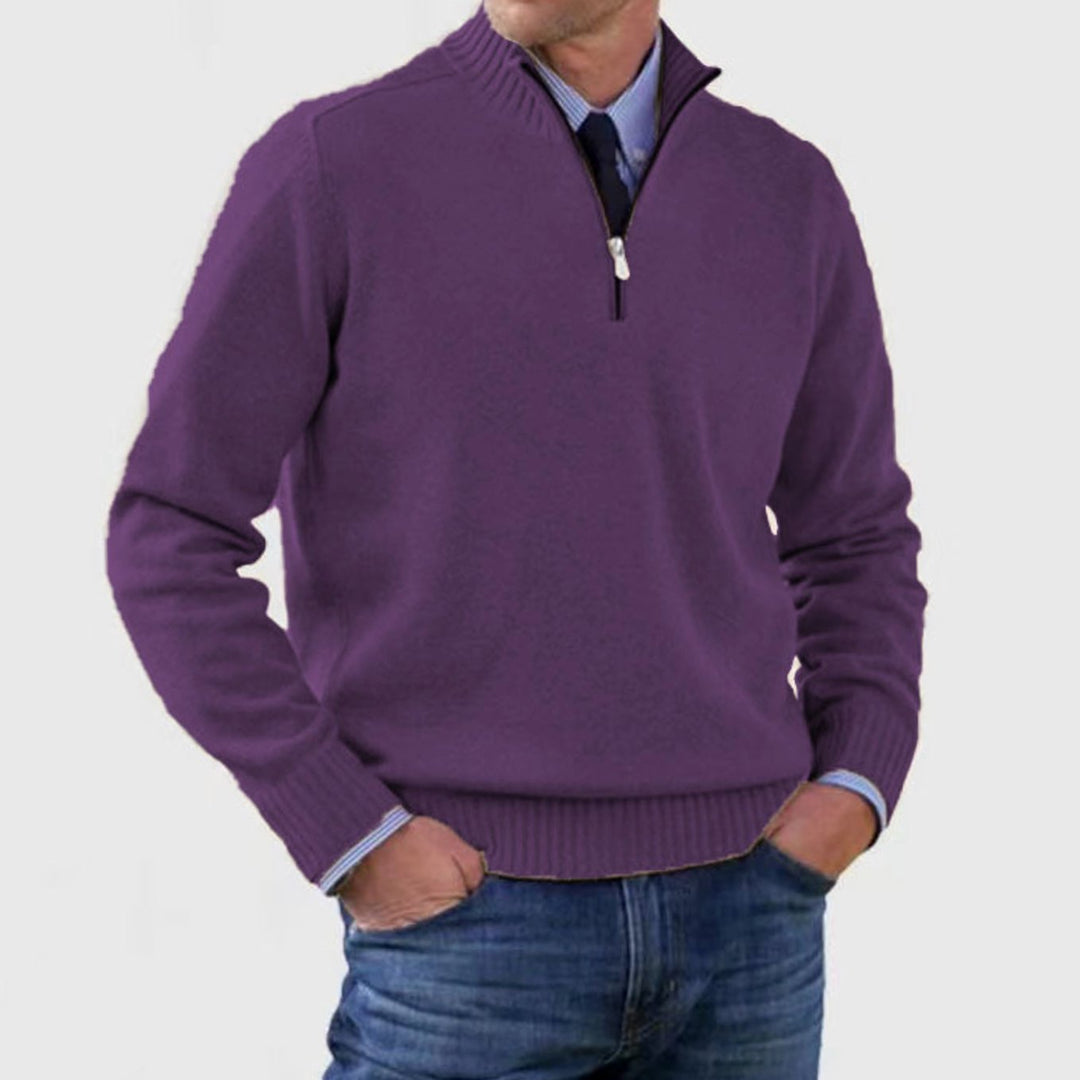 Men's Quarter-Zip Knitted Sweater Ribbed-Cuff Pullover Jumper - Dark Purple
