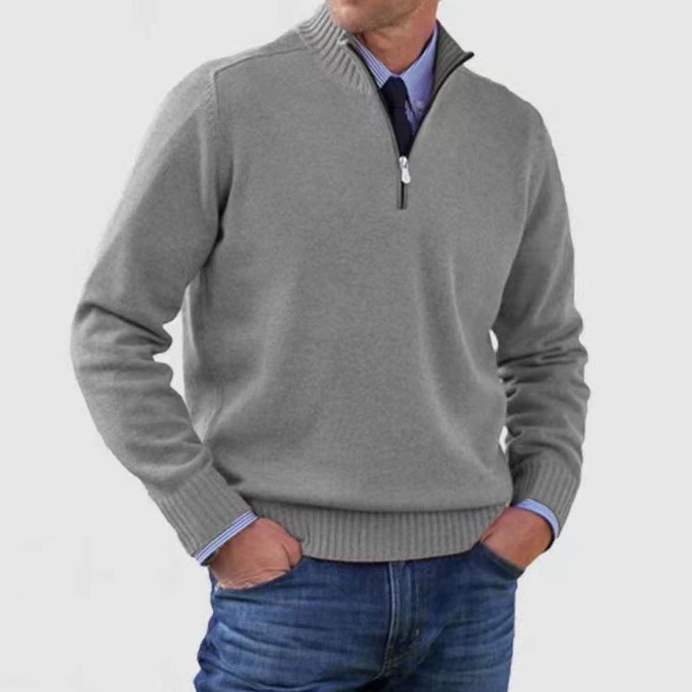 Men's Quarter-Zip Knitted Sweater Ribbed-Cuff Pullover Jumper - Grey