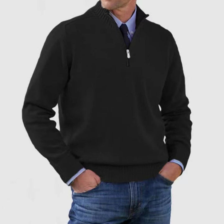 Men's Quarter-Zip Knitted Sweater Ribbed-Cuff Pullover Jumper - Black