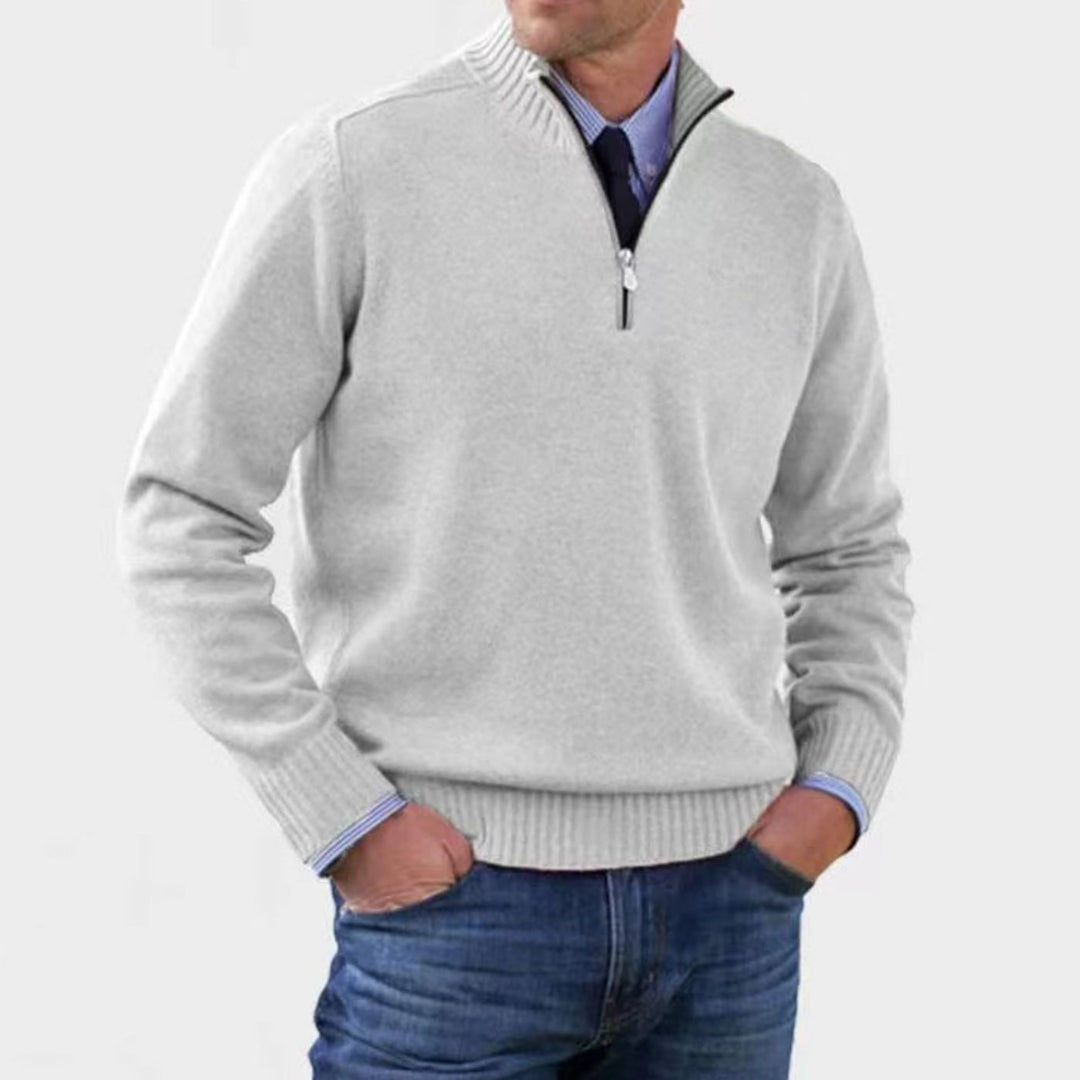 Men's Quarter-Zip Knitted Sweater Ribbed-Cuff Pullover Jumper - White