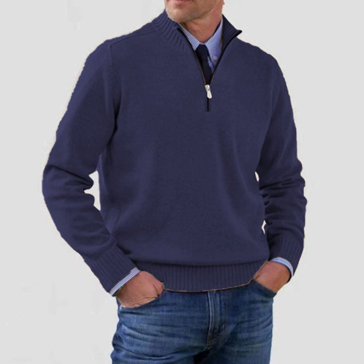 Men's Quarter-Zip Knitted Sweater Ribbed-Cuff Pullover Jumper - Navy Blue