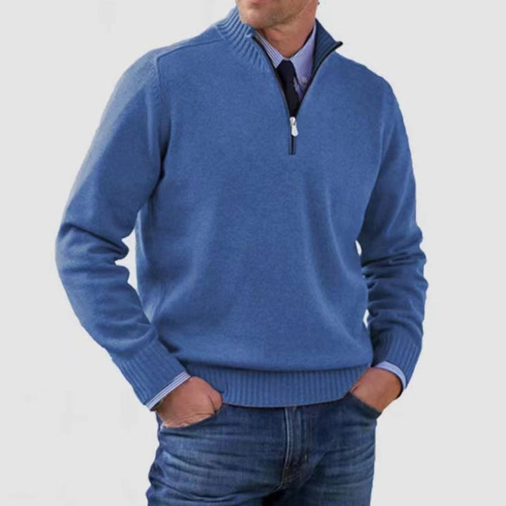 Men's Quarter-Zip Knitted Sweater Ribbed-Cuff Pullover Jumper - Blue