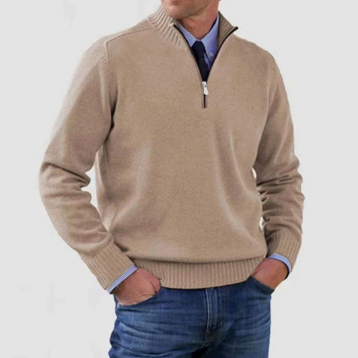 Men's Quarter-Zip Knitted Sweater Ribbed-Cuff Pullover Jumper - Beige