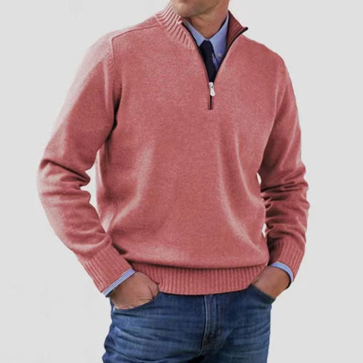 Men's Quarter-Zip Knitted Sweater Ribbed-Cuff Pullover Jumper - Pink