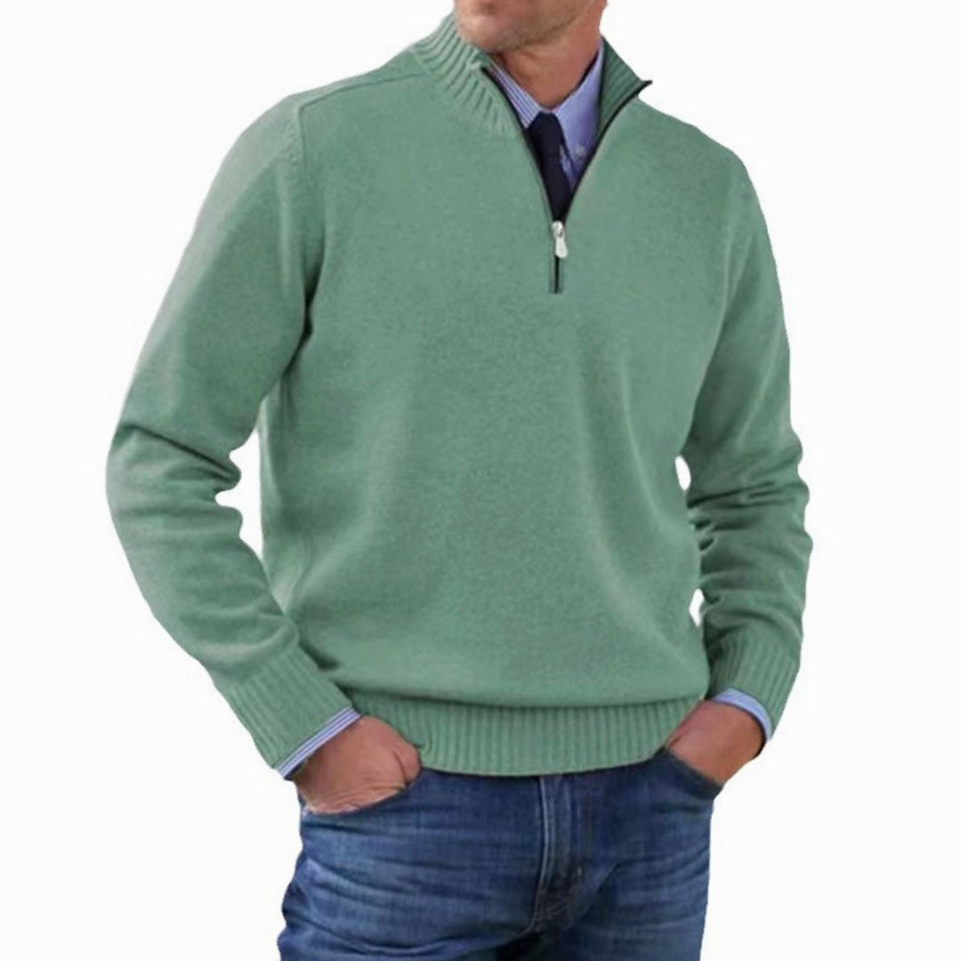 Men's Quarter-Zip Knitted Sweater Ribbed-Cuff Pullover Jumper - Green