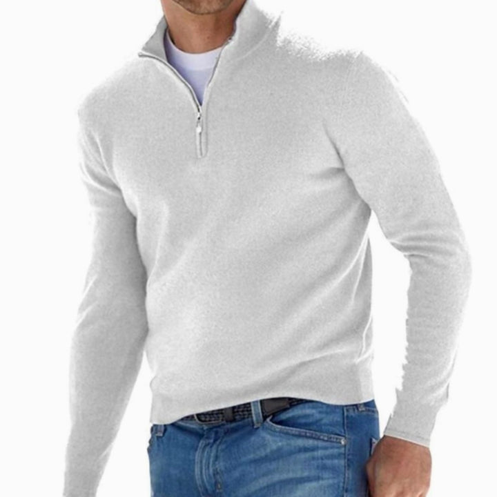 Men's Quarter-Zip Knitted Sweater Slim-Fit Pullover - White