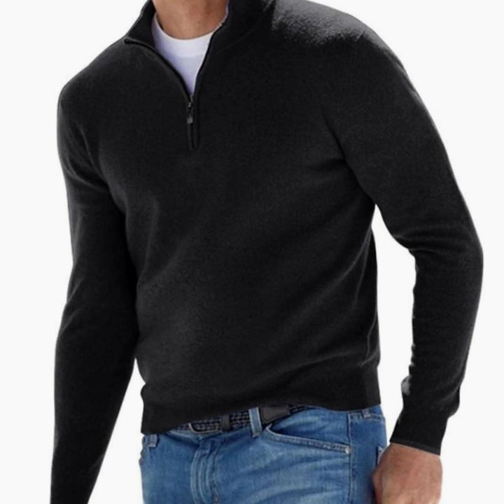 Men's Quarter-Zip Knitted Sweater Slim-Fit Pullover - Black
