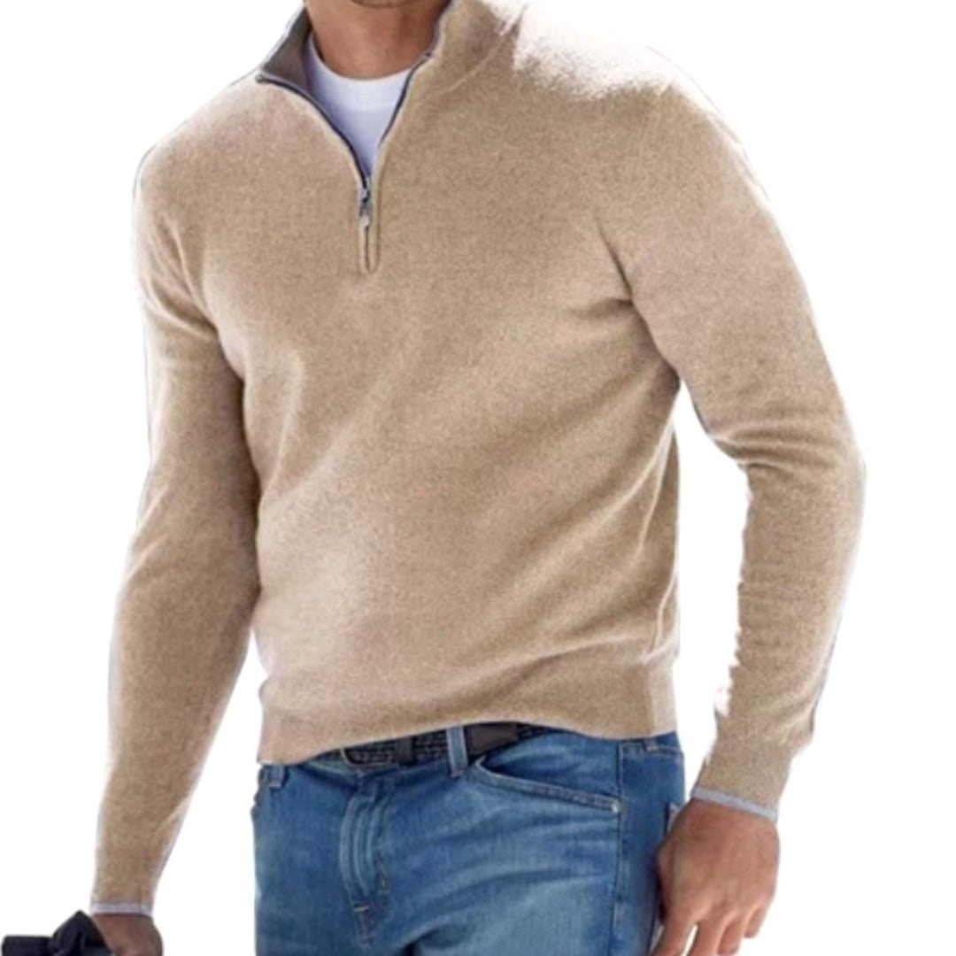 Men's Quarter-Zip Knitted Sweater Slim-Fit Pullover - Beige
