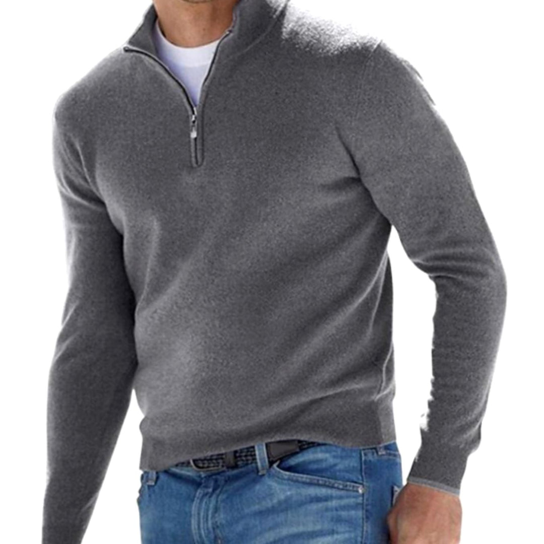 Men's Quarter-Zip Knitted Sweater Slim-Fit Pullover - Dark Grey