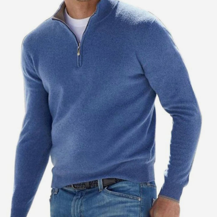 Men's Quarter-Zip Knitted Sweater Slim-Fit Pullover - Blue