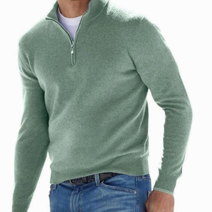 Men's Quarter-Zip Knitted Sweater Slim-Fit Pullover - Green