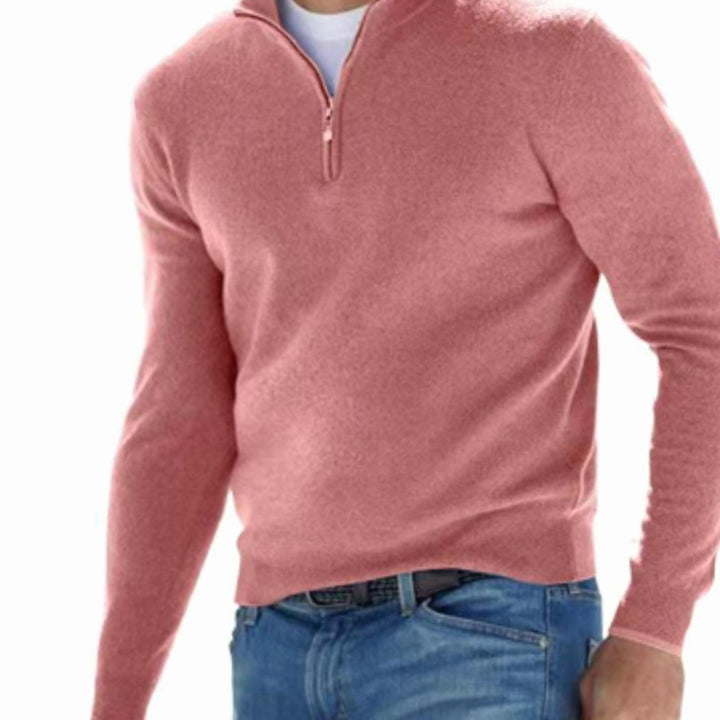 Men's Quarter-Zip Knitted Sweater Slim-Fit Pullover - Rose