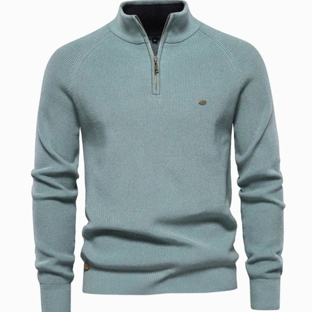 Men's Quarter-Zip Ribbed Knitted Sweater - Light Green