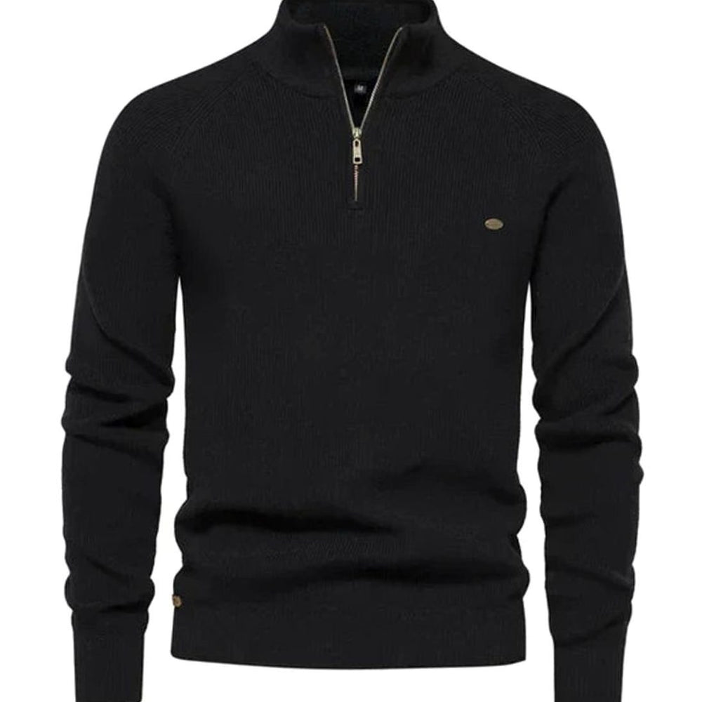 Men's Quarter-Zip Ribbed Knitted Sweater - Black
