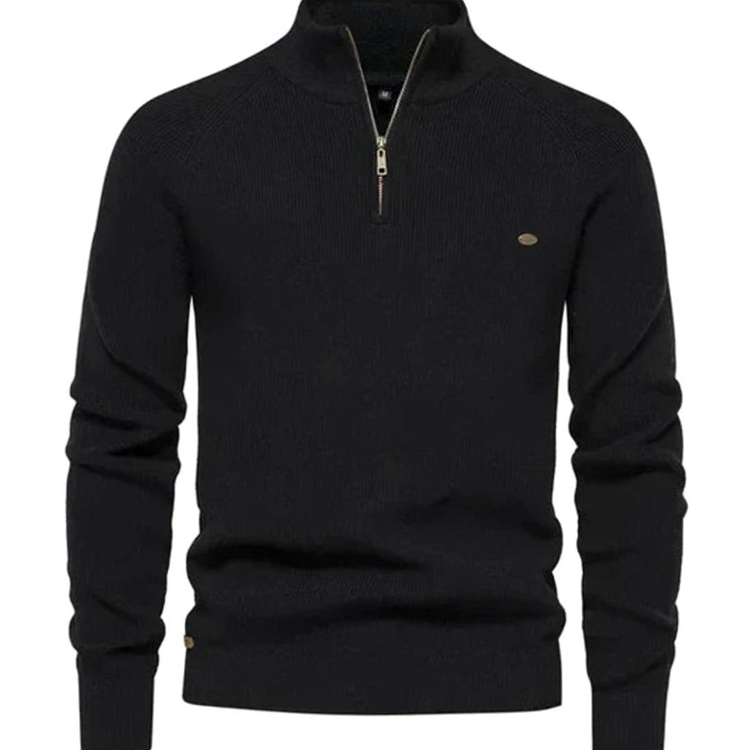 Men's Quarter-Zip Ribbed Knitted Sweater - Black