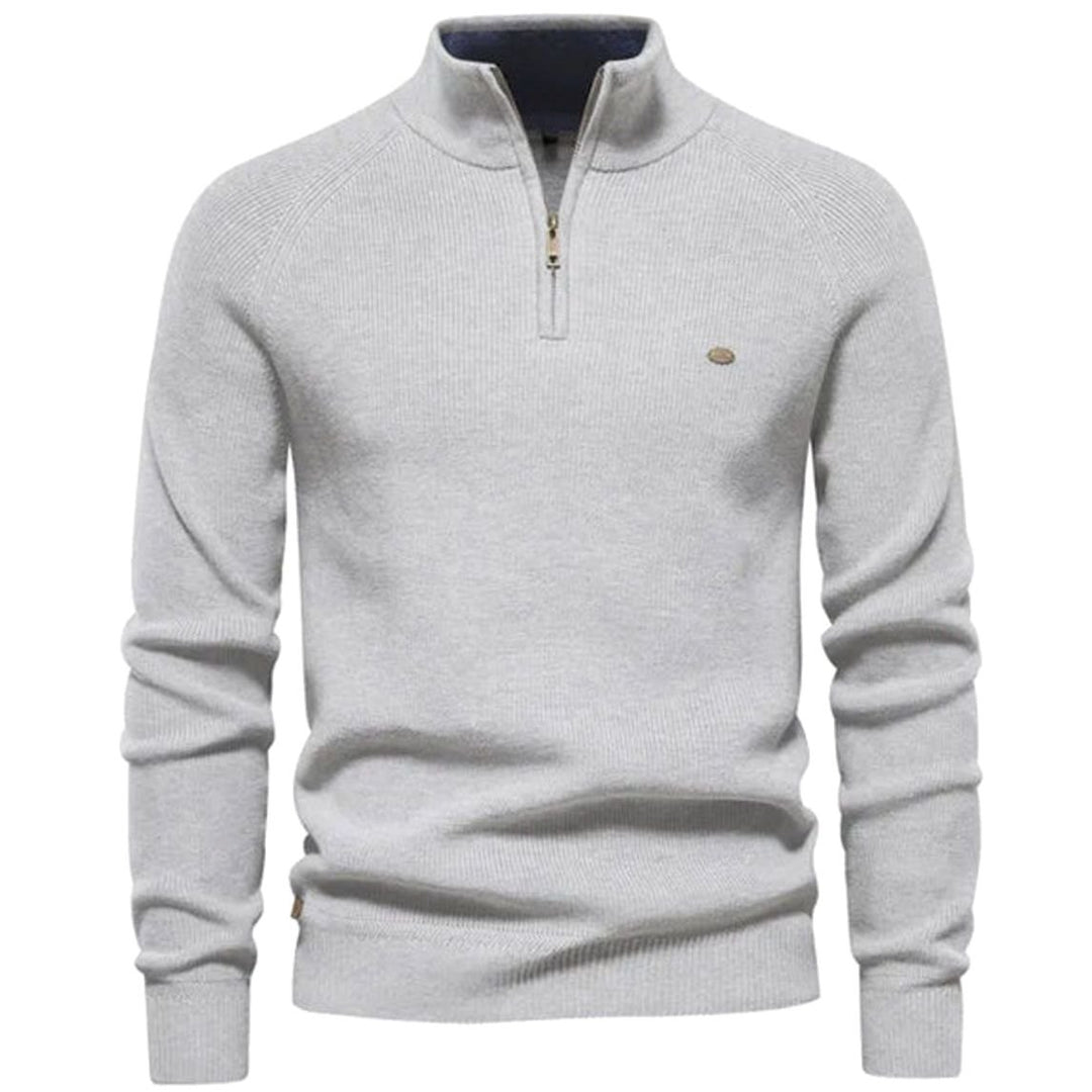 Men's Quarter-Zip Ribbed Knitted Sweater - Light Grey
