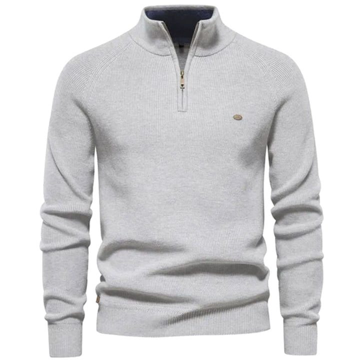 Men's Quarter-Zip Ribbed Knitted Sweater - Light Grey