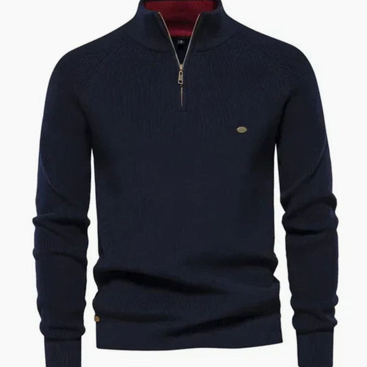 Men's Quarter-Zip Ribbed Knitted Sweater - Navy Blue