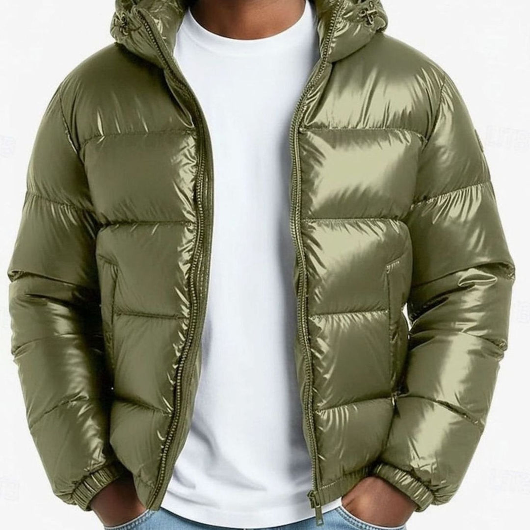 Men's Quilted Hooded Coated Puffer Jacket for Winter - Green