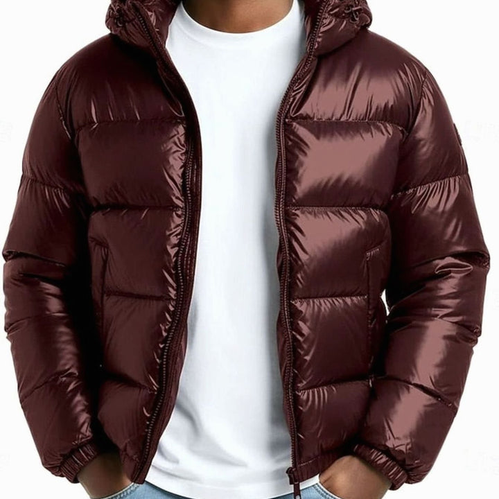 Men's Quilted Hooded Coated Puffer Jacket for Winter - Wine