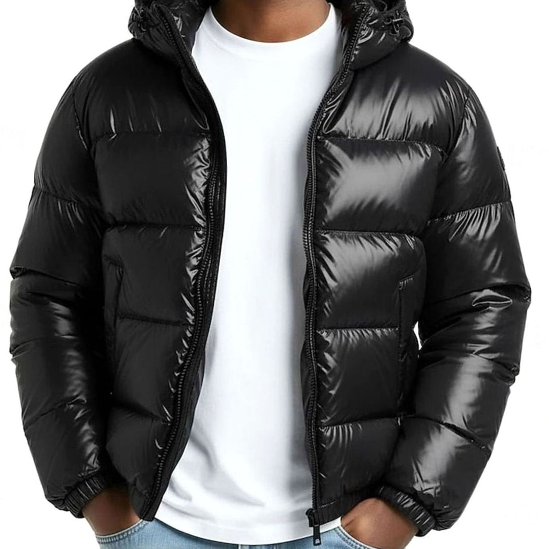 Men's Quilted Hooded Coated Puffer Jacket for Winter - Black