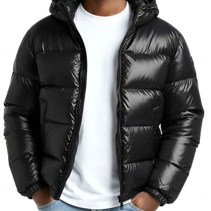 Men's Quilted Hooded Coated Puffer Jacket for Winter - Black