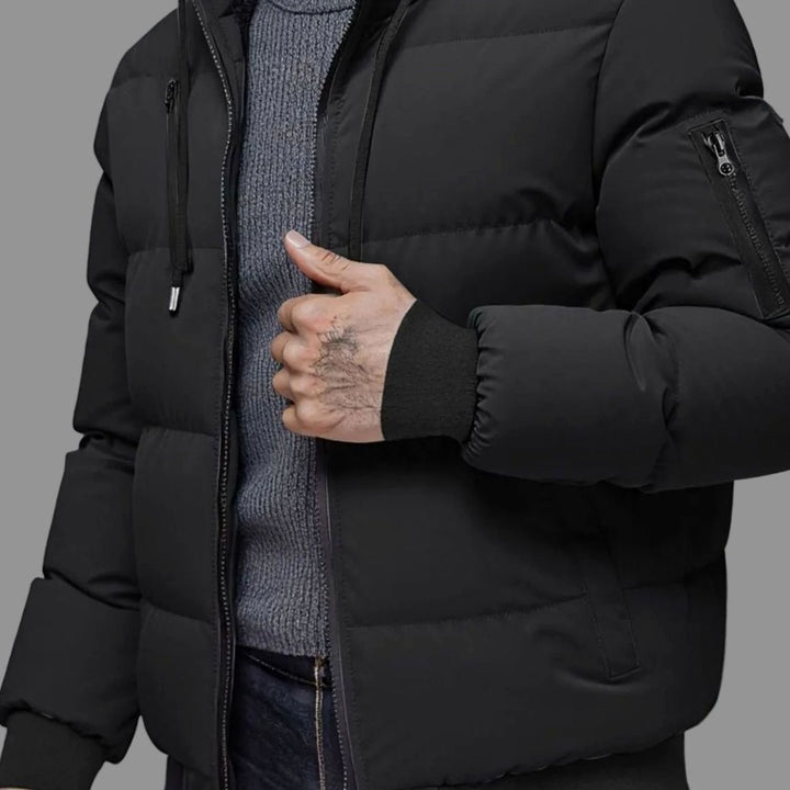 Men's Quilted Hooded Full-Zip Puffer Winter Jacket Ribbed Cuffs - Black