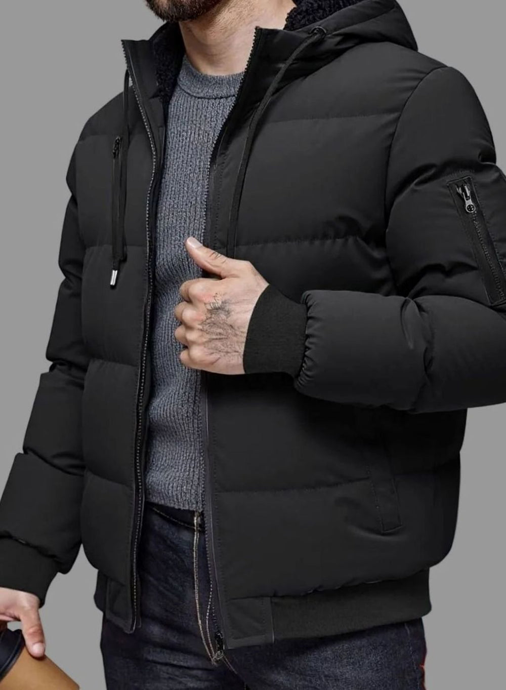 Men's Quilted Hooded Full-Zip Puffer Winter Jacket Ribbed Cuffs