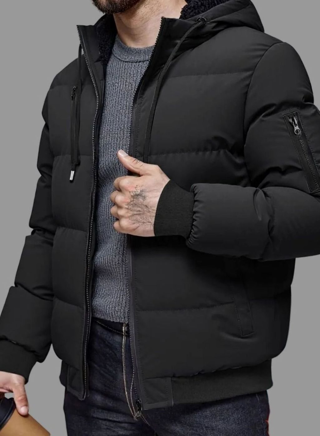 Men's Quilted Hooded Full-Zip Puffer Winter Jacket Ribbed Cuffs
