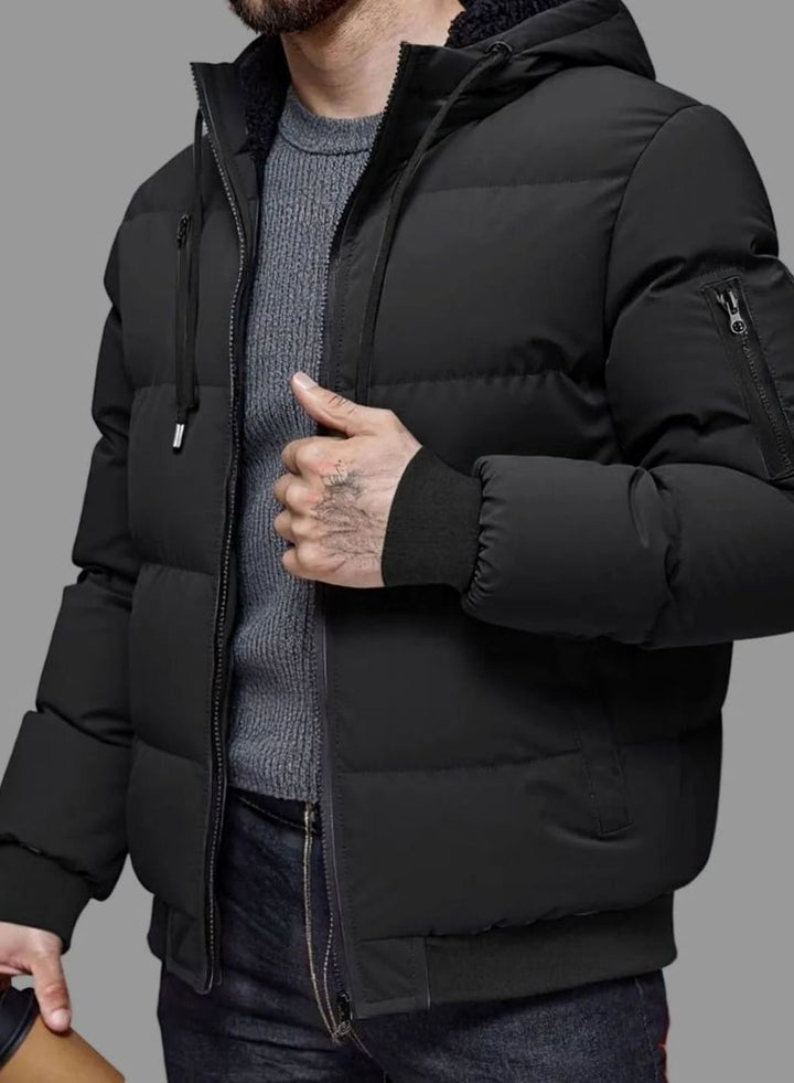 Men's Quilted Hooded Full-Zip Puffer Winter Jacket Ribbed Cuffs