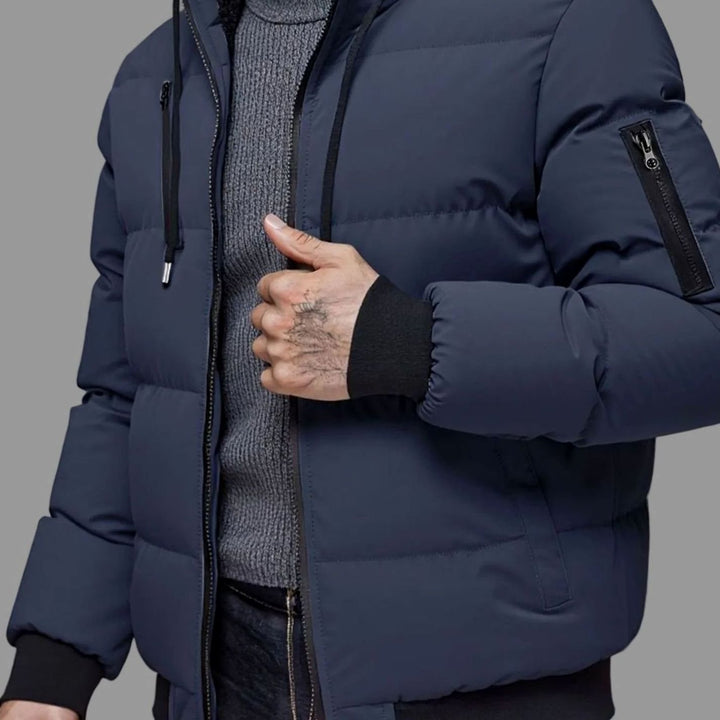 Men's Quilted Hooded Full-Zip Puffer Winter Jacket Ribbed Cuffs - Navy