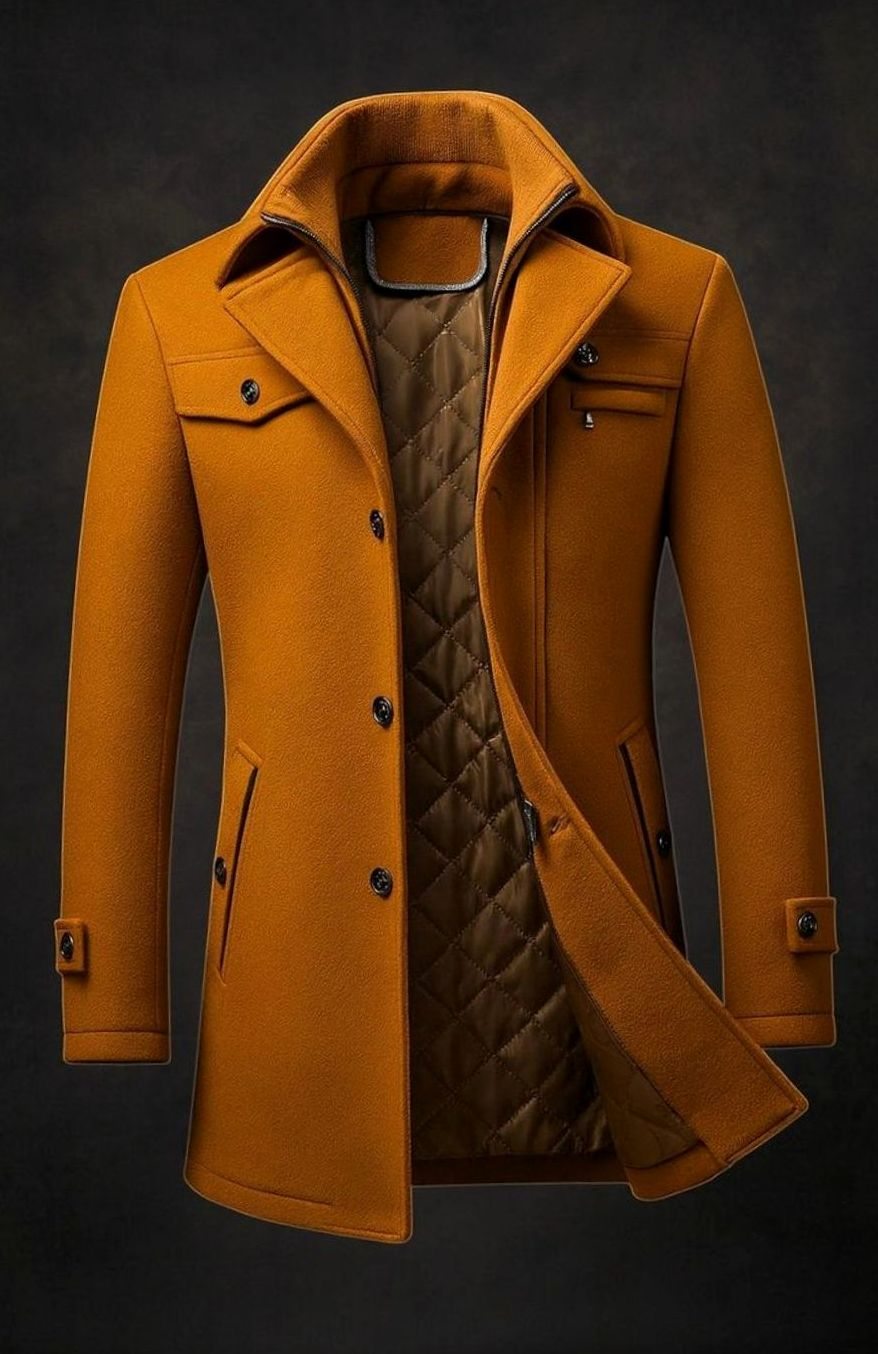 Men's Quilted-Lined Double-Collar Tailored Wool Overcoat - Brown