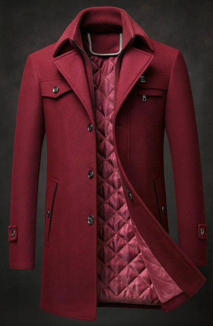 Men's Quilted-Lined Double-Collar Tailored Wool Overcoat - Burgundy