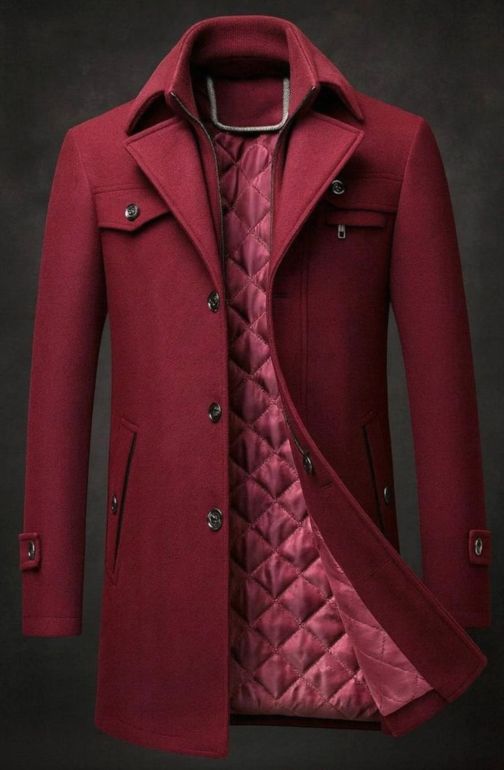 Men's Quilted-Lined Double-Collar Tailored Wool Overcoat - Burgundy