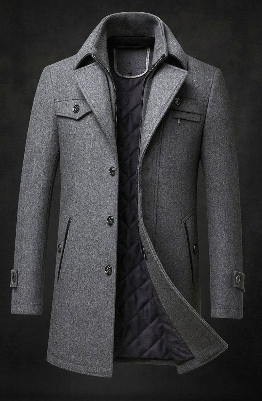 Men's Quilted-Lined Double-Collar Tailored Wool Overcoat - Grey