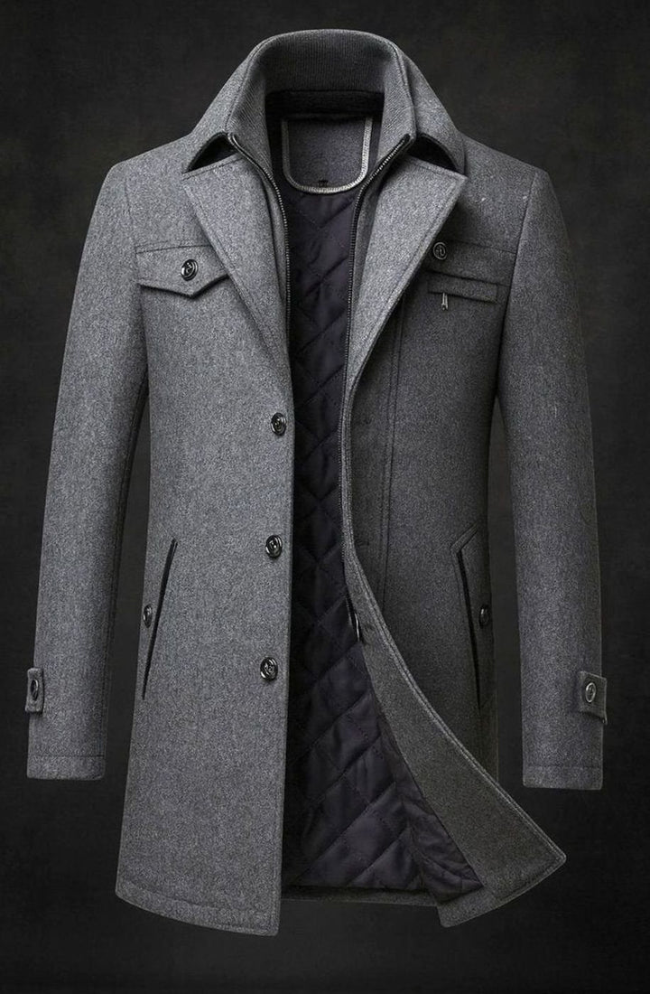 Men's Quilted-Lined Double-Collar Tailored Wool Overcoat - Grey