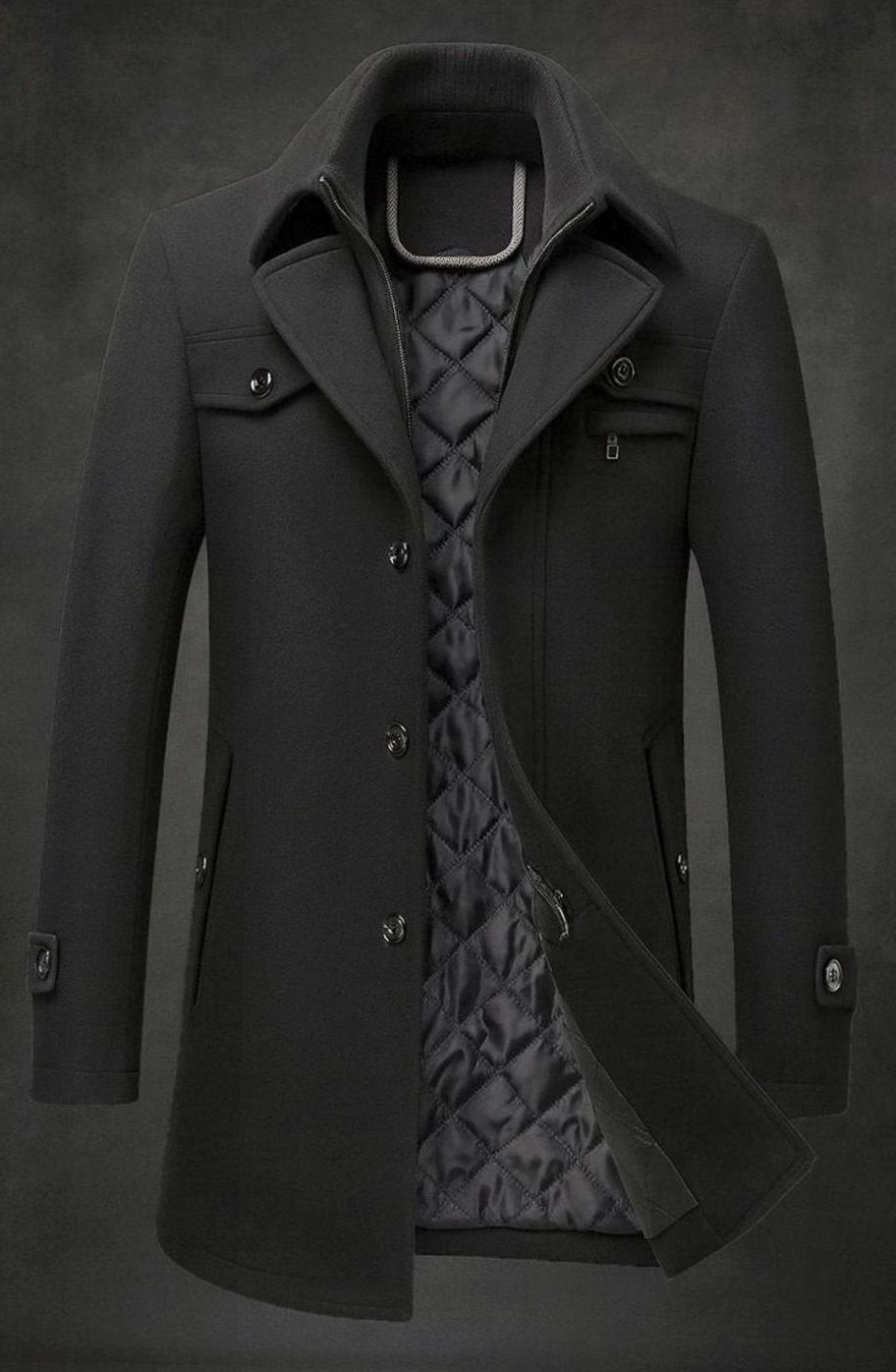 Men's Quilted-Lined Double-Collar Tailored Wool Overcoat - Black