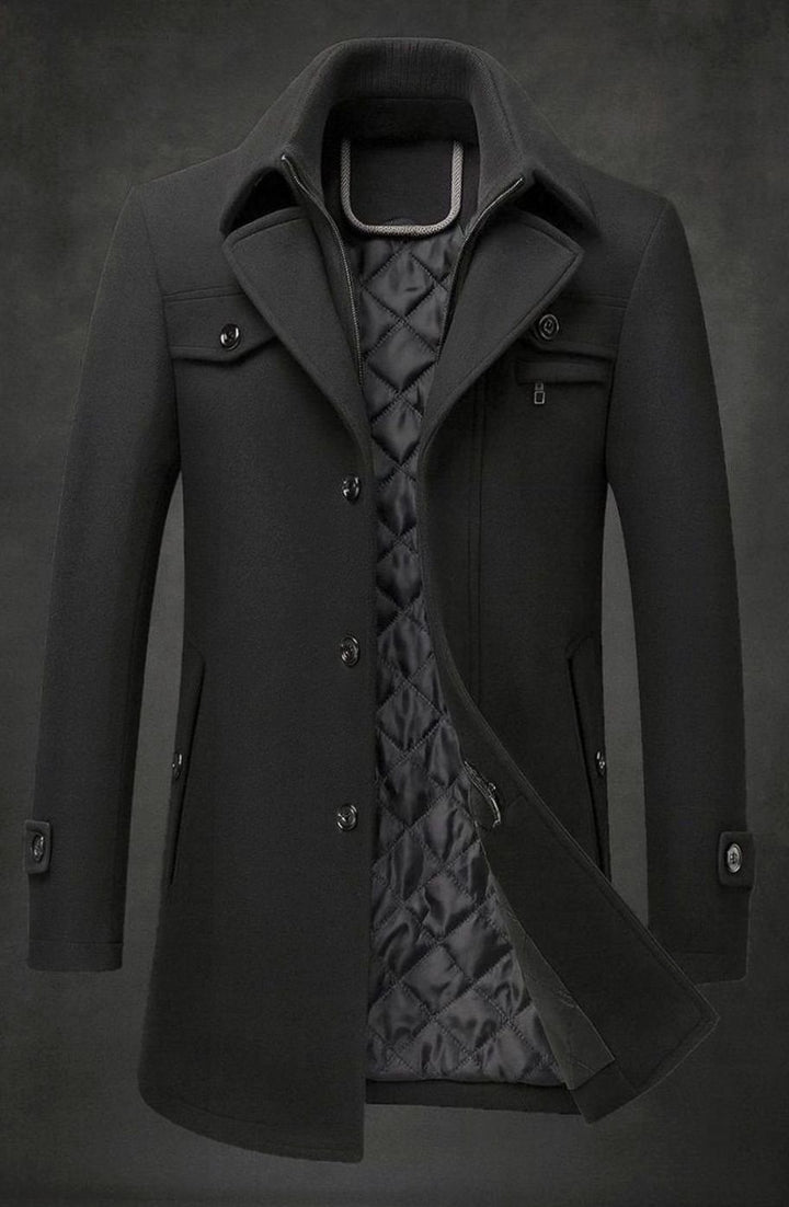 Men's Quilted-Lined Double-Collar Tailored Wool Overcoat - Black