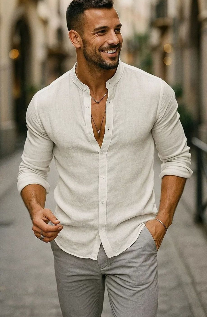 Men's Regular-Fit Linen Grandad-Collar Long-Sleeve Shirt - White
