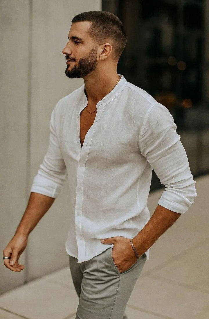 Men's Regular-Fit Linen Grandad-Collar Long-Sleeve Shirt