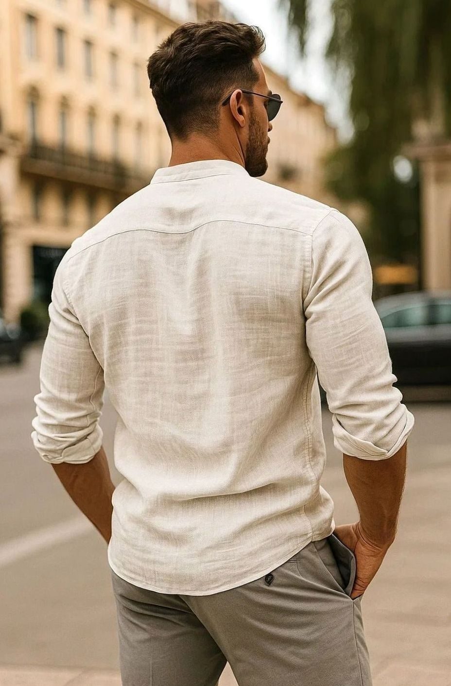 Men's Regular-Fit Linen Grandad-Collar Long-Sleeve Shirt