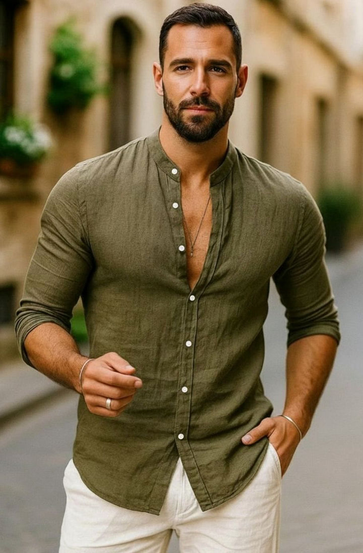 Men's Regular-Fit Linen Grandad-Collar Long-Sleeve Shirt - Army Green