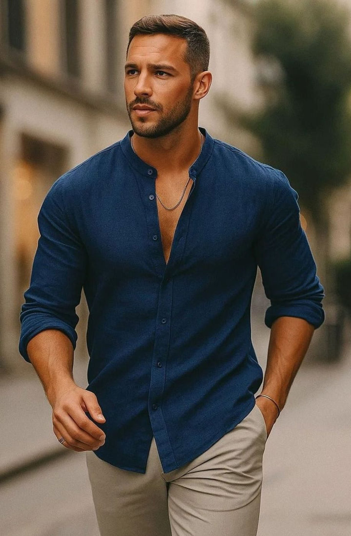 Men's Regular-Fit Linen Grandad-Collar Long-Sleeve Shirt - Blue