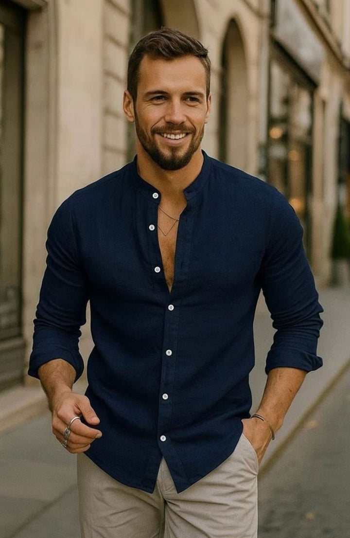 Men's Regular-Fit Linen Grandad-Collar Long-Sleeve Shirt - Navy Blue