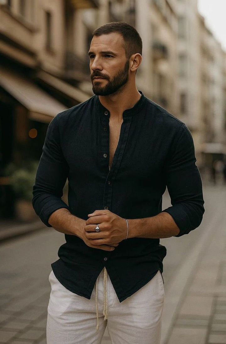 Men's Regular-Fit Linen Grandad-Collar Long-Sleeve Shirt - Black