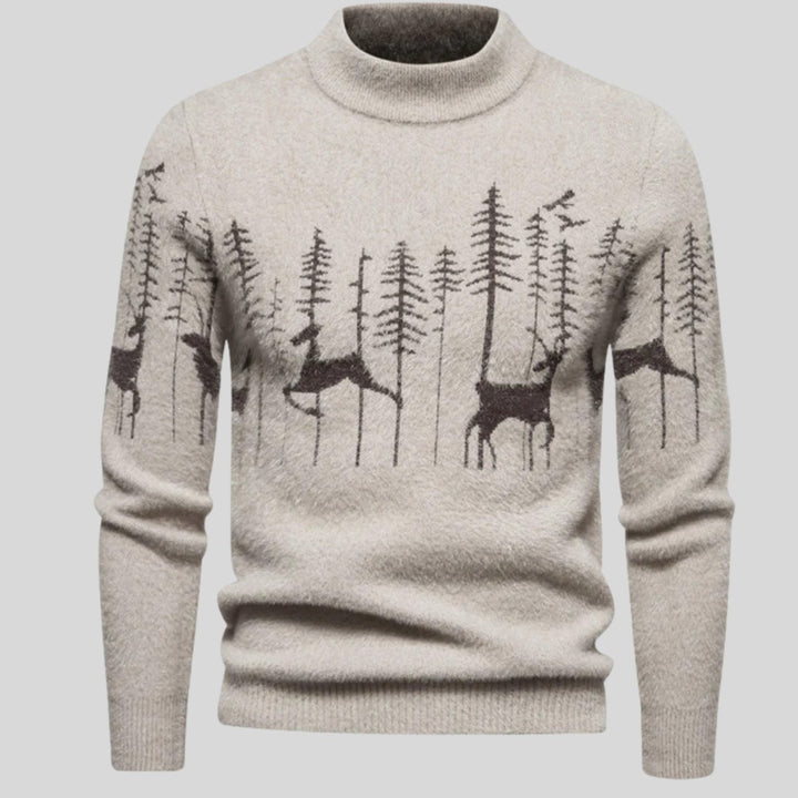 Men's Reindeer Forest Knit Mock-Neck Christmas Jumper - Beige