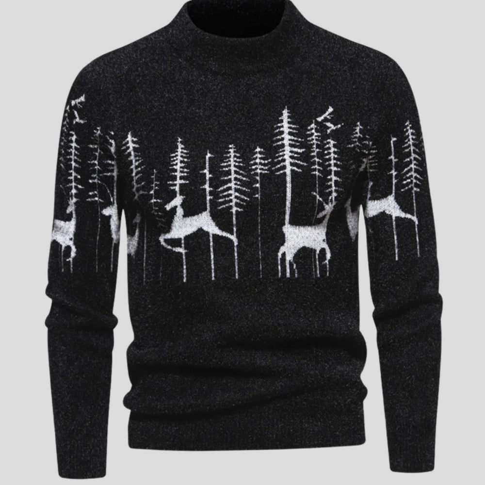 Men's Reindeer Forest Knit Mock-Neck Christmas Jumper - Black